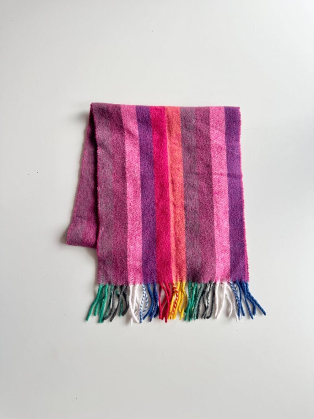 Vintage HILARY RADLEY Pink Purple Striped Rainbow Fringe Wool Rectangle Scarf